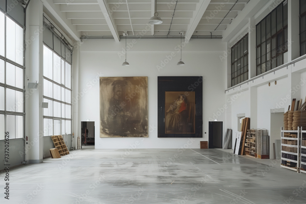 Empty art workshop interior. Background image. Created with Generative AI technology Empty art workshop interior. Background image. Created with Generative AI technology