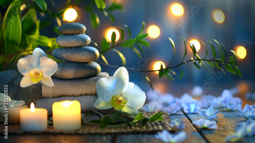 Serene spa setting with stacked stones  orchids  candles  and scattered petals creating a tranquil scene.Generative AI