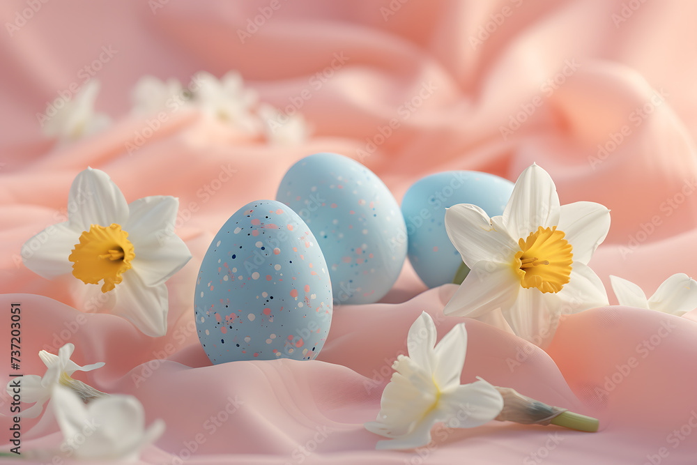 Easter Ambiance: Speckled Eggs Amidst Blossoming Daffodils on a Textured Pastel Backdrop Easter Ambiance: Speckled Eggs Amidst Blossoming Daffodils on a Textured Pastel Backdrop