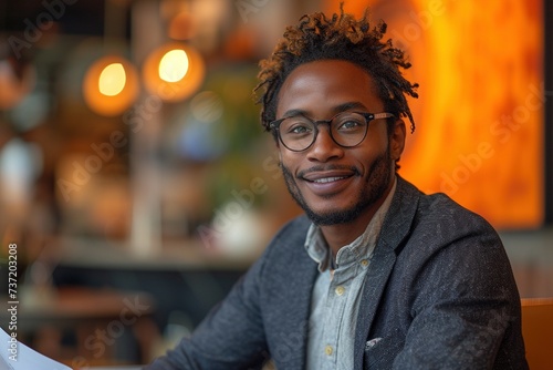 Vibrant Momentum: Action-Packed Portrait of a Smiling Candidate, Immersed in Business Documents During a Moment of Insight