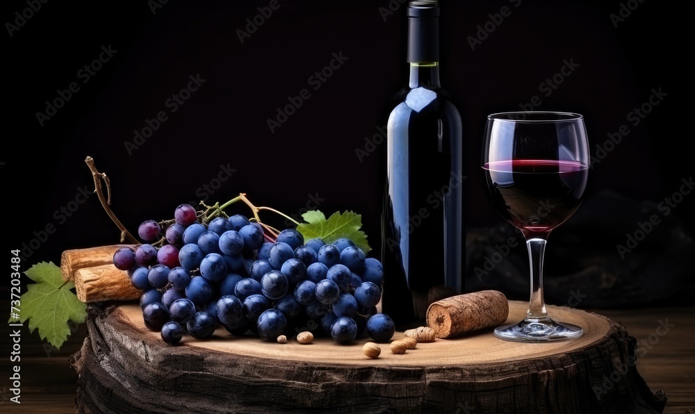 A Glass of Tempting Red Wine Paired With a Bottle and a Bountiful Bunch of Grapes