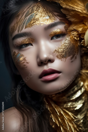 asian pretty woman with visible golden adornments and dark background  ai generative