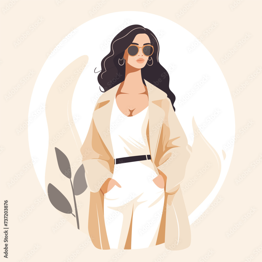 Vector illustration of a beautiful girl in a trench coat and sunglasses. Vector illustration of a beautiful girl in a trench coat and sunglasses.