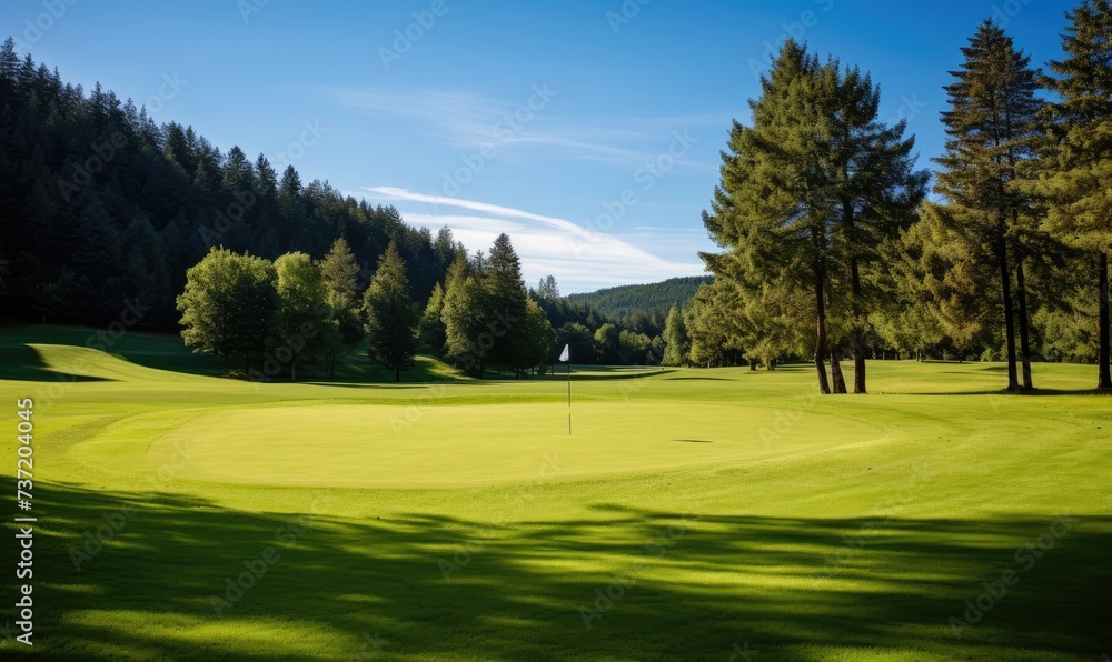 A Serene Golf Course Nestled Amongst Towering Trees with a Breathtaking Blue Sky