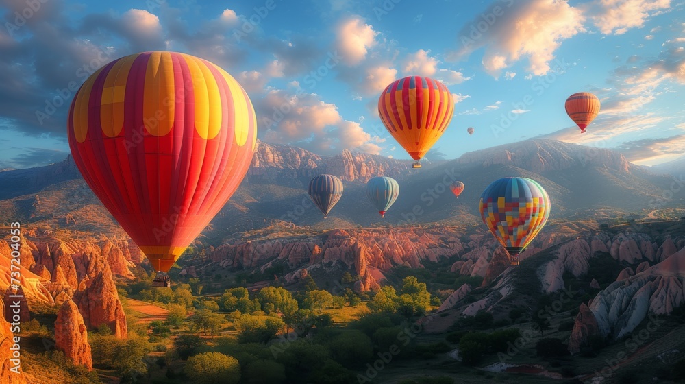 Hot Air Balloon Adventure, a whimsical scene of colorful hot air balloons soaring over picturesque landscapes during a balloon festival. Hot Air Balloon Adventure, a whimsical scene of colorful hot air balloons soaring over picturesque landscapes during a balloon festival.