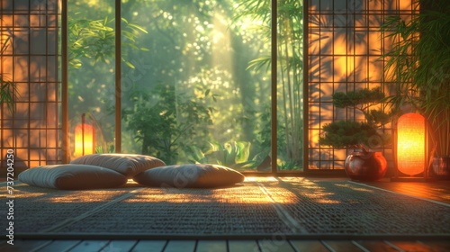 Zen and peaceful interior of living room with low sofa, tatami mat, bamboo screen, bonsai and lantern. Japanese style home decor.