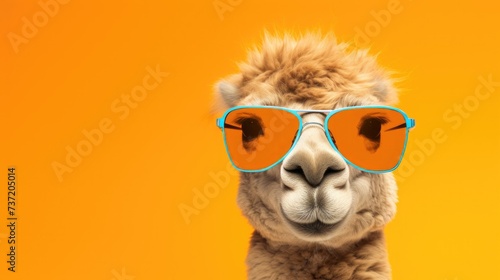 Creative animal concept. Camel in sunglass shade glasses isolated on solid pastel background  commercial  editorial advertisement  surreal surrealism