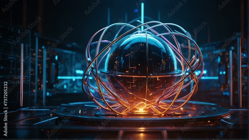 Futuristic concept science nucleus of atom surrounded by electrons on technology background, contrasting neon lights theme from Generative AI Futuristic concept science nucleus of atom surrounded by electrons on technology background, contrasting neon lights theme from Generative AI