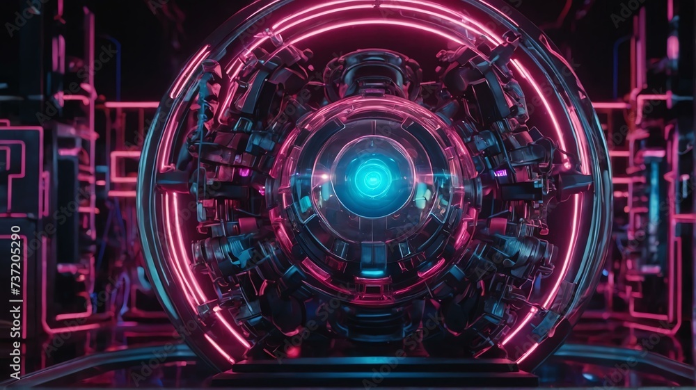 Fototapeta premium Futuristic concept science nucleus of atom surrounded by electrons on technology background, pink neon lights theme from Generative AI