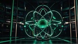 Futuristic concept science nucleus of atom surrounded by electrons on technology background, green neon lights theme from Generative AI