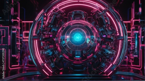 Futuristic concept science nucleus of atom surrounded by electrons on technology background, pink neon lights theme from Generative AI
