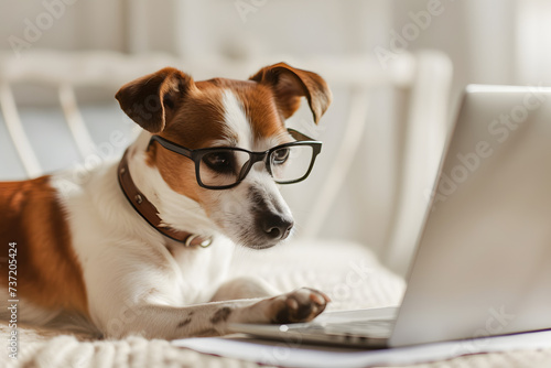 Cute dog looking computer laptop in glasses at workplace.