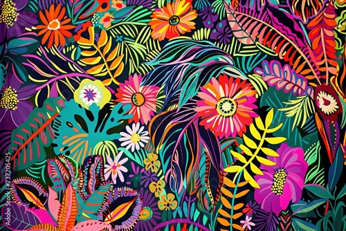 Lush Tapestry: A Kaleidoscope of Bright Colors and Bold Shapes in Intricate Textile-Styled Floral Art photo