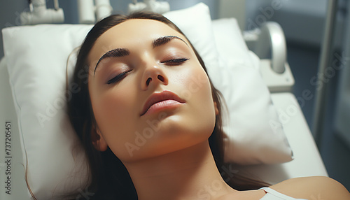 One woman resting on a comfortable bed, looking serene and happy generated by AI