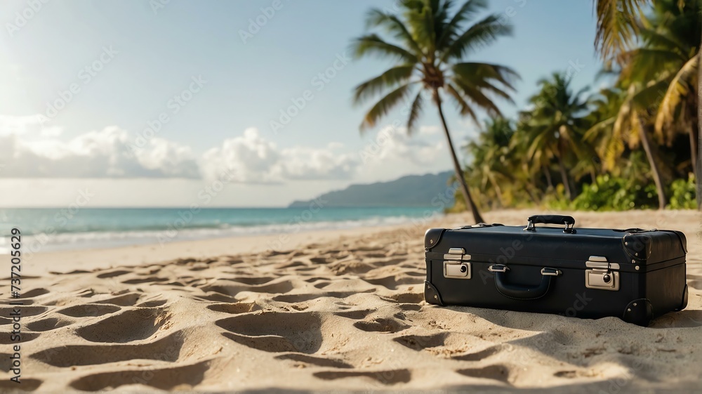 Summer background travel concept, beach front white sand with a black travel suitcase and a coconut tree and sunlight from Generative AI