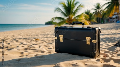 Summer background travel concept, beach front white sand with a black travel suitcase and a coconut tree and sunlight from Generative AI © Arceli