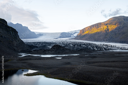Skaftafellsjökull glacier, Iceland. Glacier tongue slides from the Vatna Glacier. Vatnajökull National Park, Iceland. Popular Travel destinations. Amazing nature. Glacial lagoon with blocks of ice.