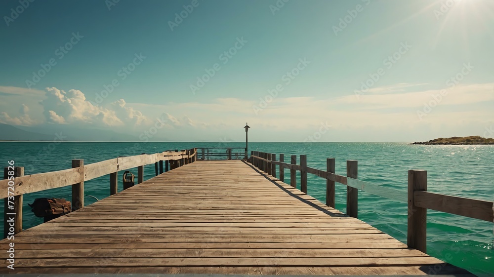 Summer background travel concept, Wooden jetty on the sea sunlight from Generative AI