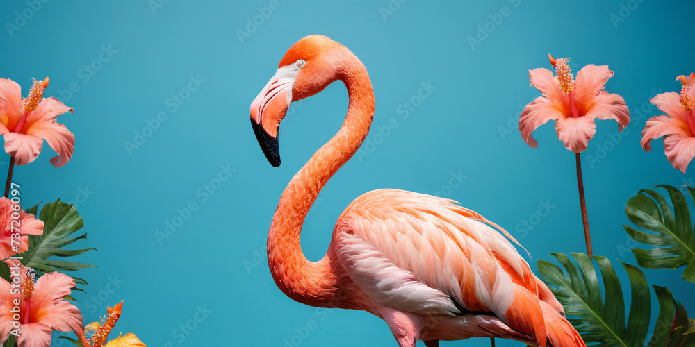 Obraz premium Pink flamingos on a blue background surrounded by tropical flowers and plants.
