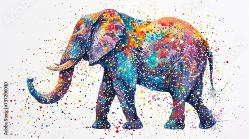 a painting of an elephant with colorful paint sprinkles on it's body and tusks.