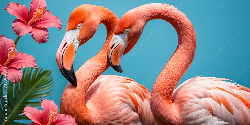 Pink flamingos on a blue background surrounded by tropical flowers and plants.