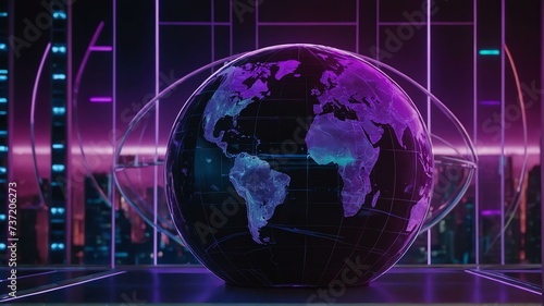 Abstract purple theme futuristic globe earth fade computer technology business neon lights background from Generative AI