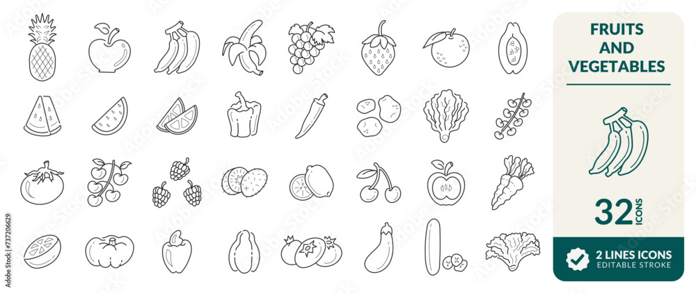 LINE EDITABLE ICONS SET. ELEMENTS FOR ILLUSTRATING THEMES OF VARIOUS FRUITS AND VEGETABLES, PINEAPPLE, APPLE, BANANA, GRAPE, STRAWBERRY, ORANGE, PUMPKIN, CHILI, PEPPER AND OTHERS. PIXEL PERFECT. 
