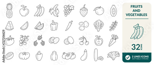 LINE EDITABLE ICONS SET. ELEMENTS FOR ILLUSTRATING THEMES OF VARIOUS FRUITS AND VEGETABLES, PINEAPPLE, APPLE, BANANA, GRAPE, STRAWBERRY, ORANGE, PUMPKIN, CHILI, PEPPER AND OTHERS. PIXEL PERFECT.  photo