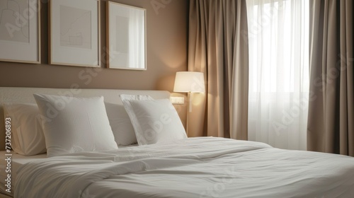 a bed with a white comforter and pillows in a room with two framed pictures on the wall and two lamps on either side of the bed.