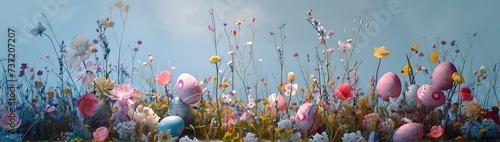 easter eggs and lots of flowers in a grass patch, in the style of dark sky-blue and light pink, spectacular backdrops, captivating
