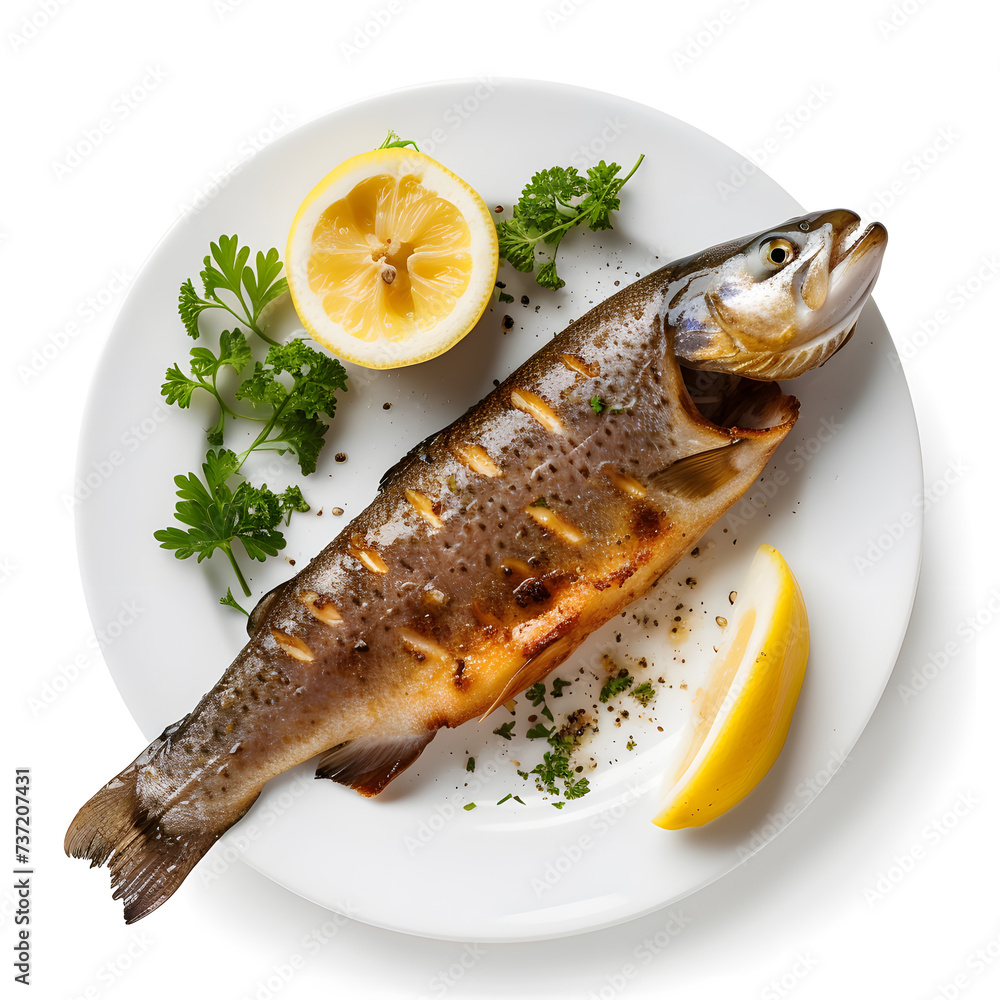 Fried trout with lemon isolated on white background Fried trout with lemon isolated on white background