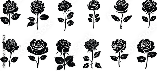 Set of vector black silhouettes of rose flowers isolated on a white background #737207608