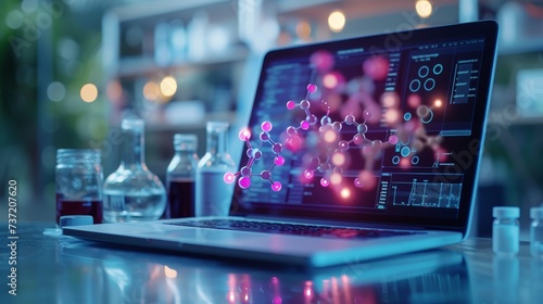 Pharmaceutical advances in drug development visualized through a molecular model on a laptop next to food-grade samples photo