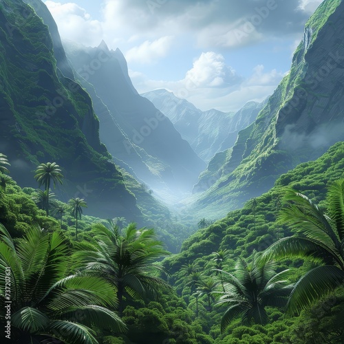 Remote jungle valley surrounded by towering mountain walls photo