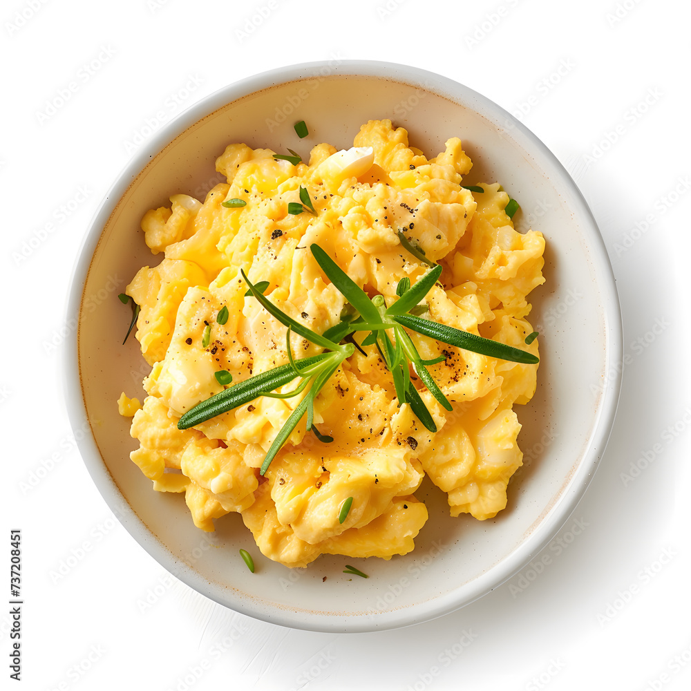 Delicious scrambled eggs top view isolated on white background Delicious scrambled eggs top view isolated on white background