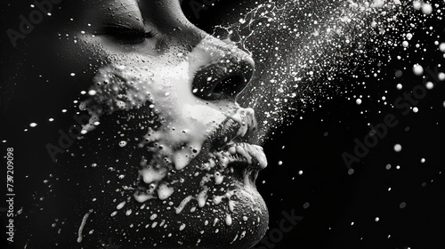 a black and white photo of a woman's face with drops of water coming out of her mouth and a black background. photo