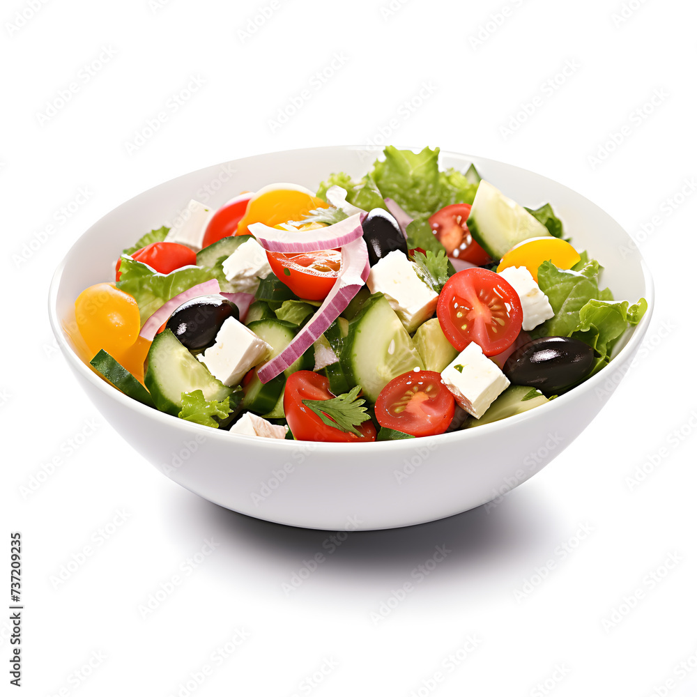 Delicious Greek salad in a white bowl, isolated on white background Delicious Greek salad in a white bowl, isolated on white background