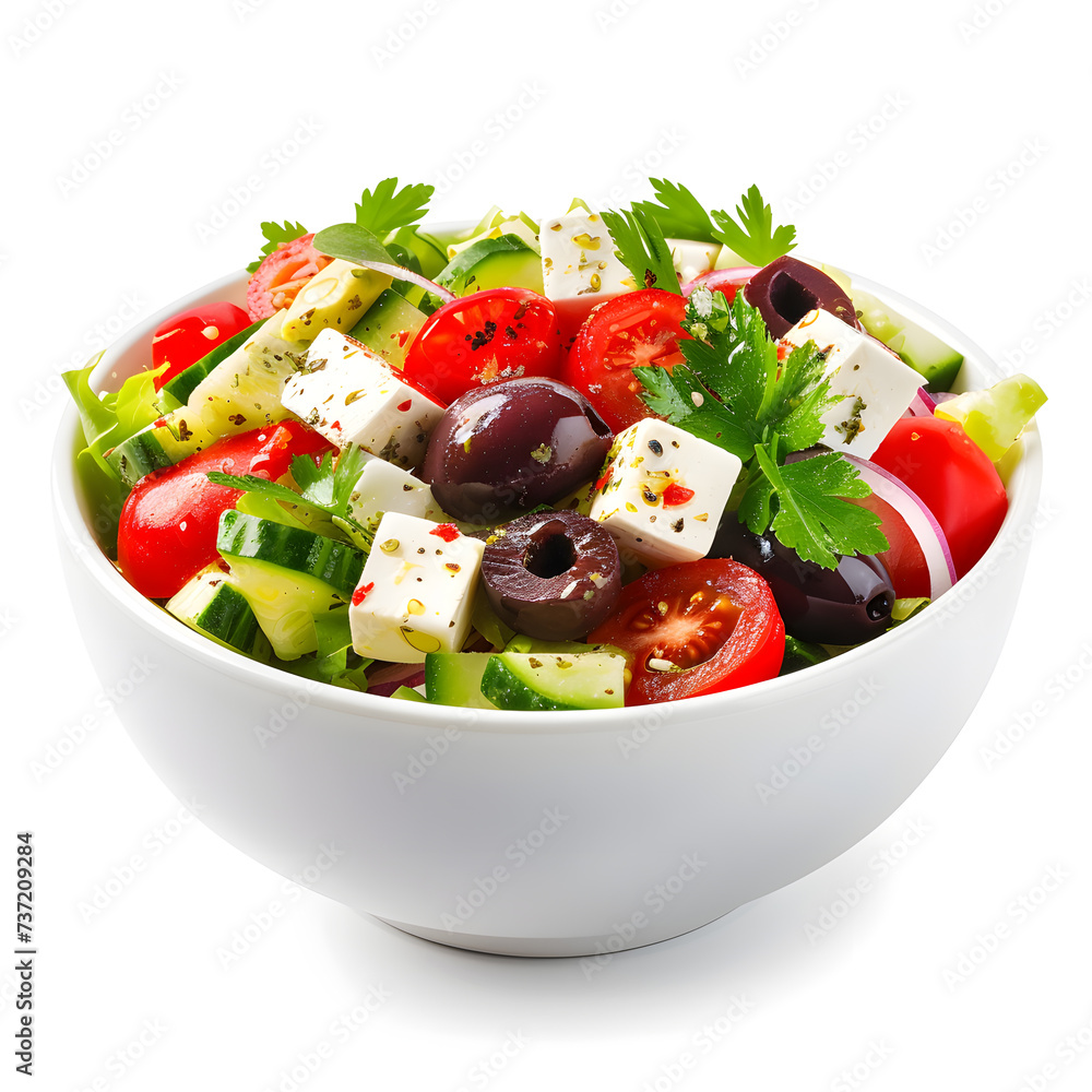 Delicious Greek salad in a white bowl, isolated on white background