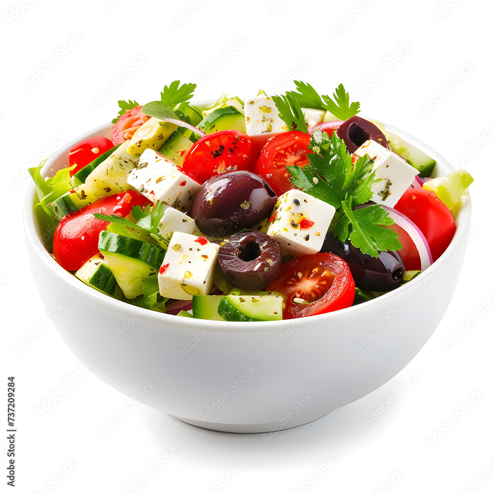Delicious Greek salad in a white bowl, isolated on white background Delicious Greek salad in a white bowl, isolated on white background