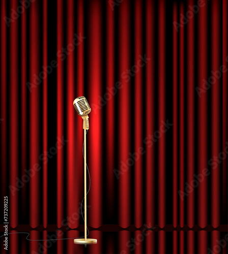 illustration of Vintage Microphone against curtain backdrop