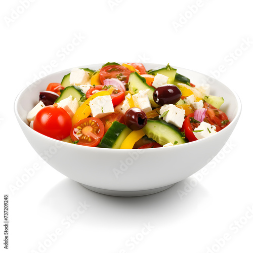 Delicious Greek salad in a white bowl, isolated on white background