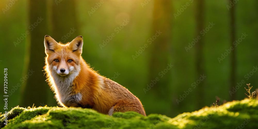 Fototapeta premium A red fox stands on green moss against the backdrop of a forest illuminated by the evening sun.