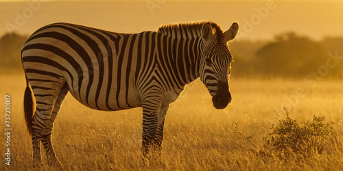 African zebra stands majestically in the savannah  bathed in the warm hues of the setting sun. The image beautifully captures the serene ambiance of the wild.