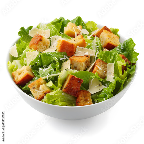 Caesar salad with grilled chicken meat, croutons and Parmesan,  on a white background
