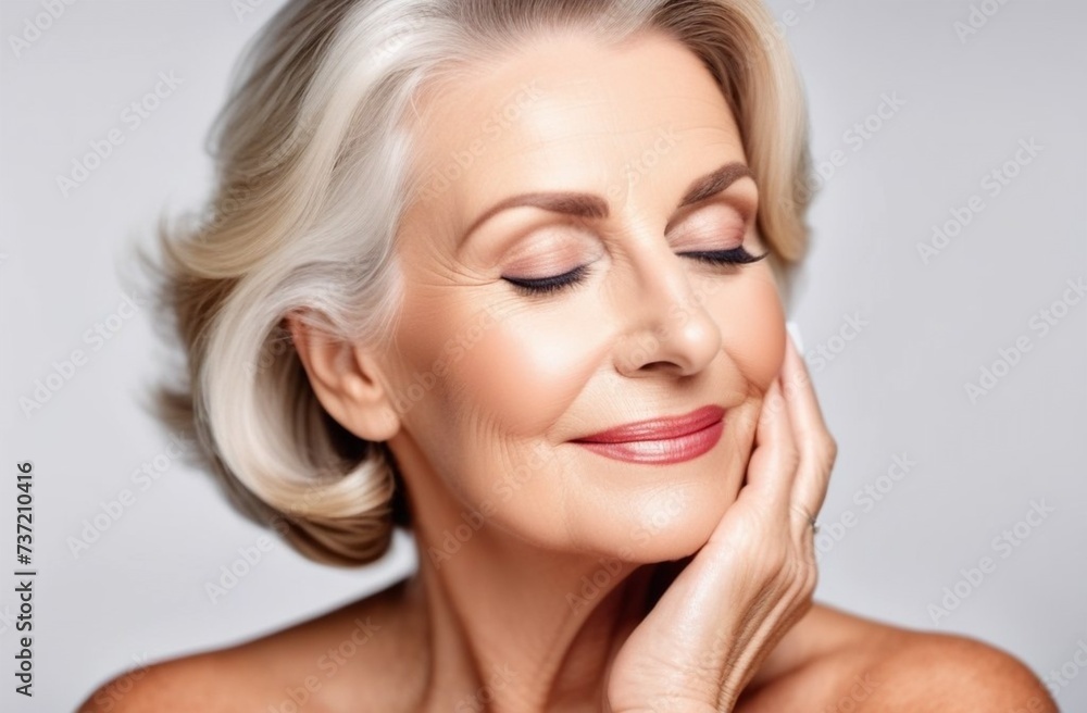 Gorgeous senior older woman with closed eyes touching her perfect skin Gorgeous senior older woman with closed eyes touching her perfect skin