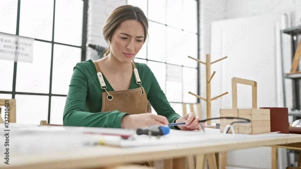 Depressed hispanic carpenter, distress overflows in tears at workshop, sitting in anguish, sad and angry expression radiates worry Depressed hispanic carpenter, distress overflows in tears at workshop, sitting in anguish, sad and angry expression radiates worry