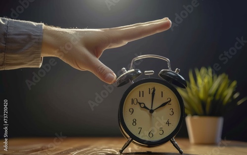 A hand silences a classic alarm clock, a common action to begin the morning in a peaceful home environment.. photo