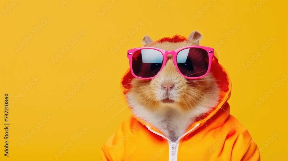 Fototapeta premium Creative animal concept. Hamster in a group, vibrant bright fashionable outfits isolated on solid background advertisement, copy text space