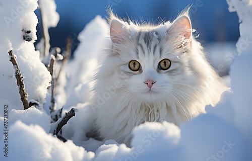 happy cute pet portrait, cute fluffy cat playing on snowy ground, winter snow covered ground, Generative Ai
