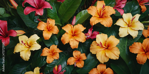 Background of tropical flowers and plants.